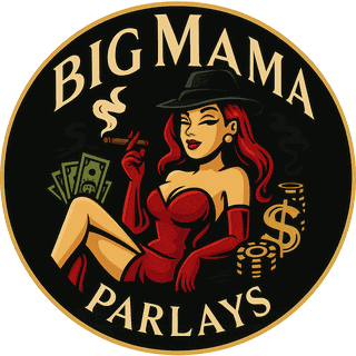 Big Mama Parlays — a woman in a red dress and black hat, seated, holding a cigar, on a black badge with a gold ring